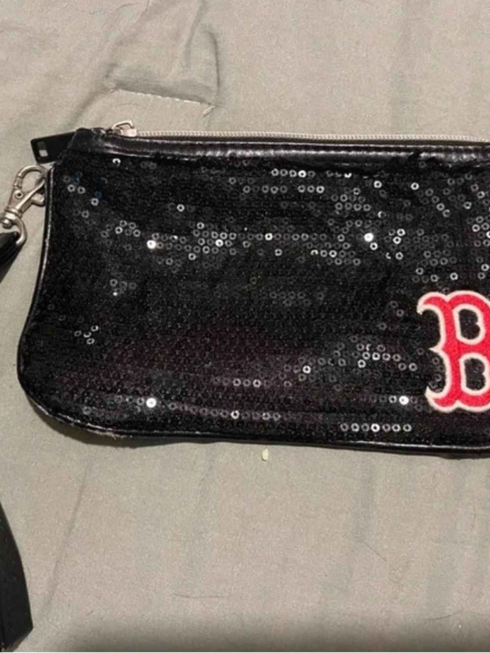 Sequin Wristlet Clutch in Black with Red Accent